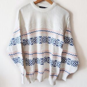 Vintage Aspetuck Trading Co Geometric Knit Sweater White Blue Pink Men's L USA